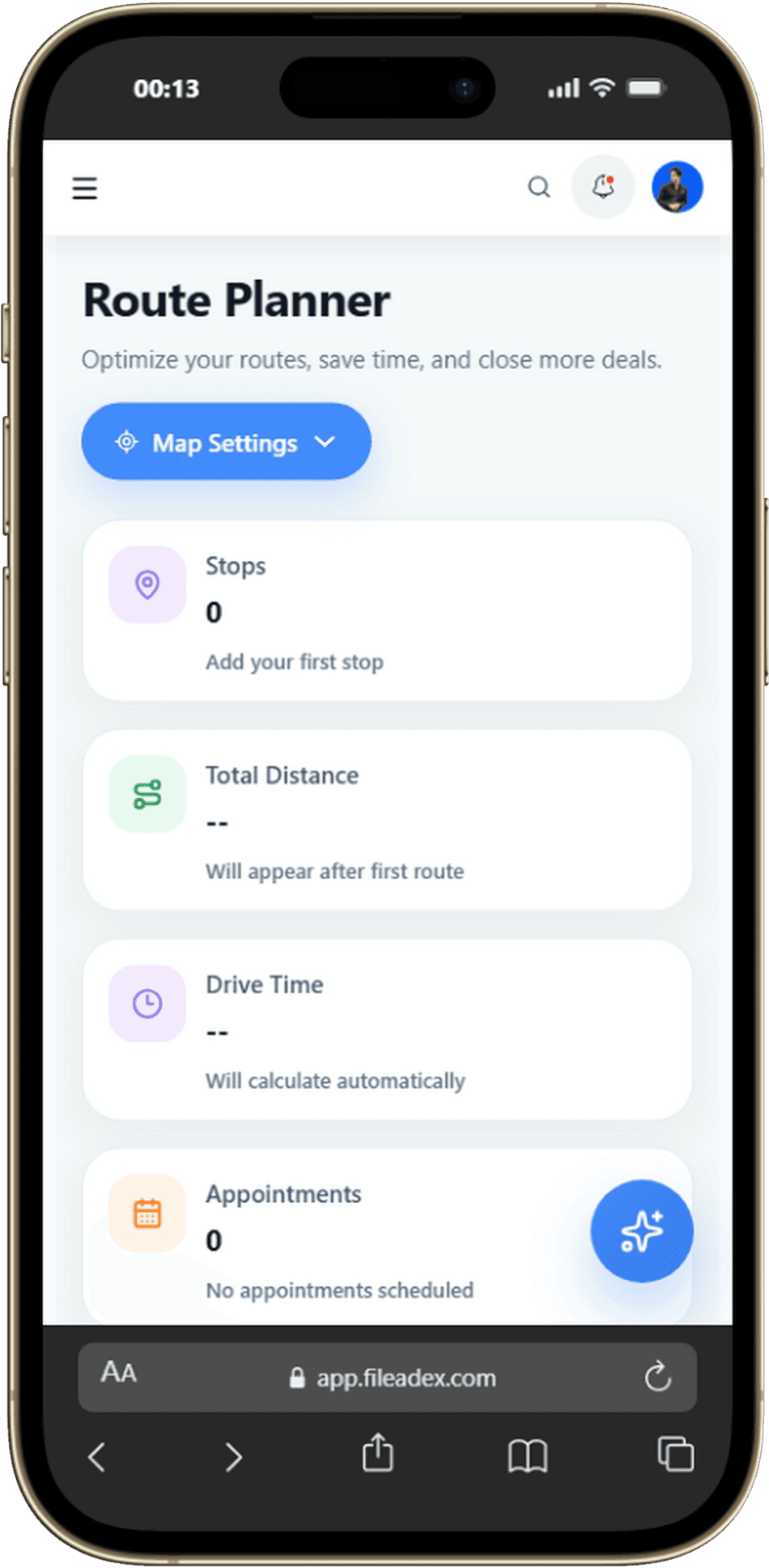 fileadeX mobile Route Planner dashboard