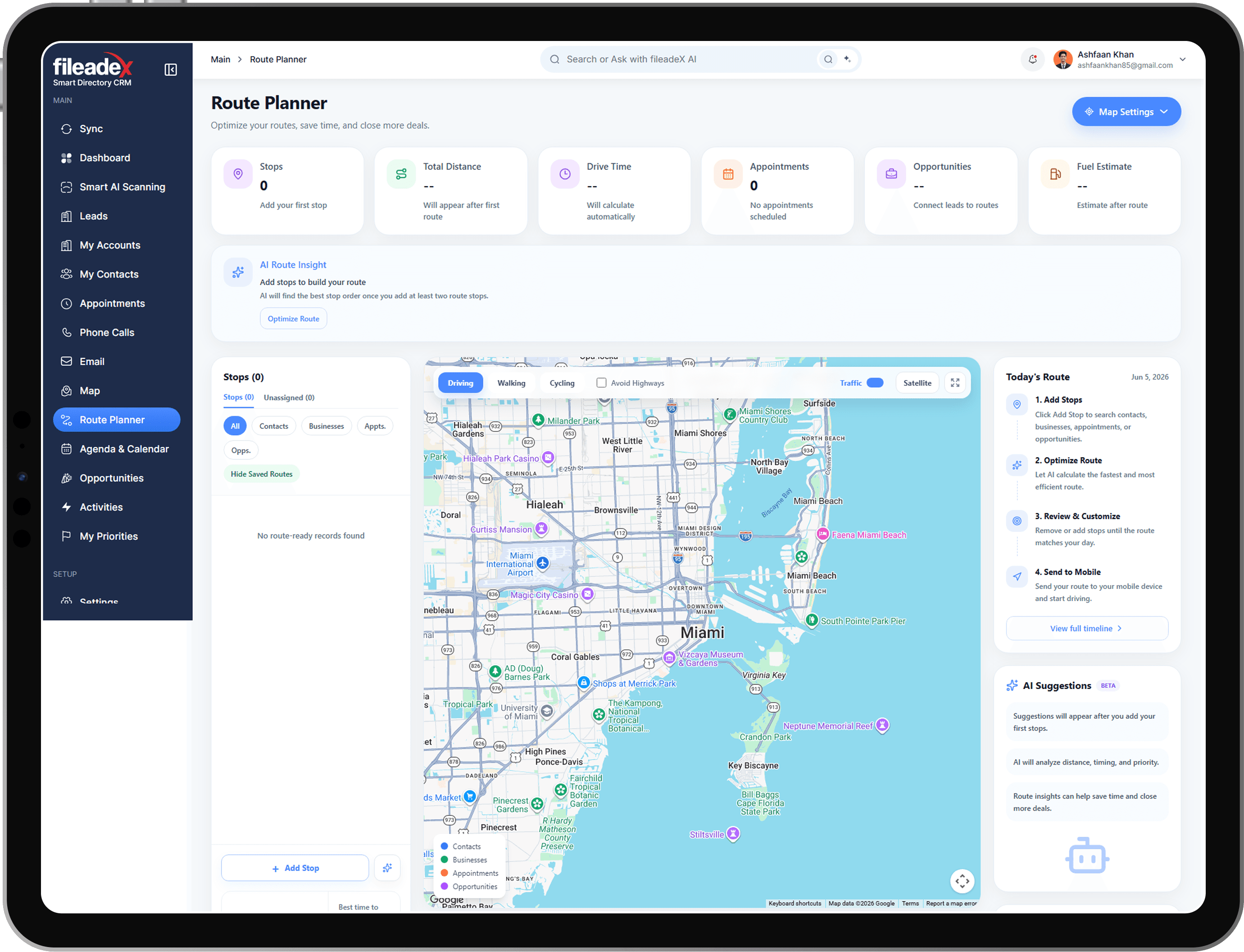 Smart Directory CRM route planner on an iPad