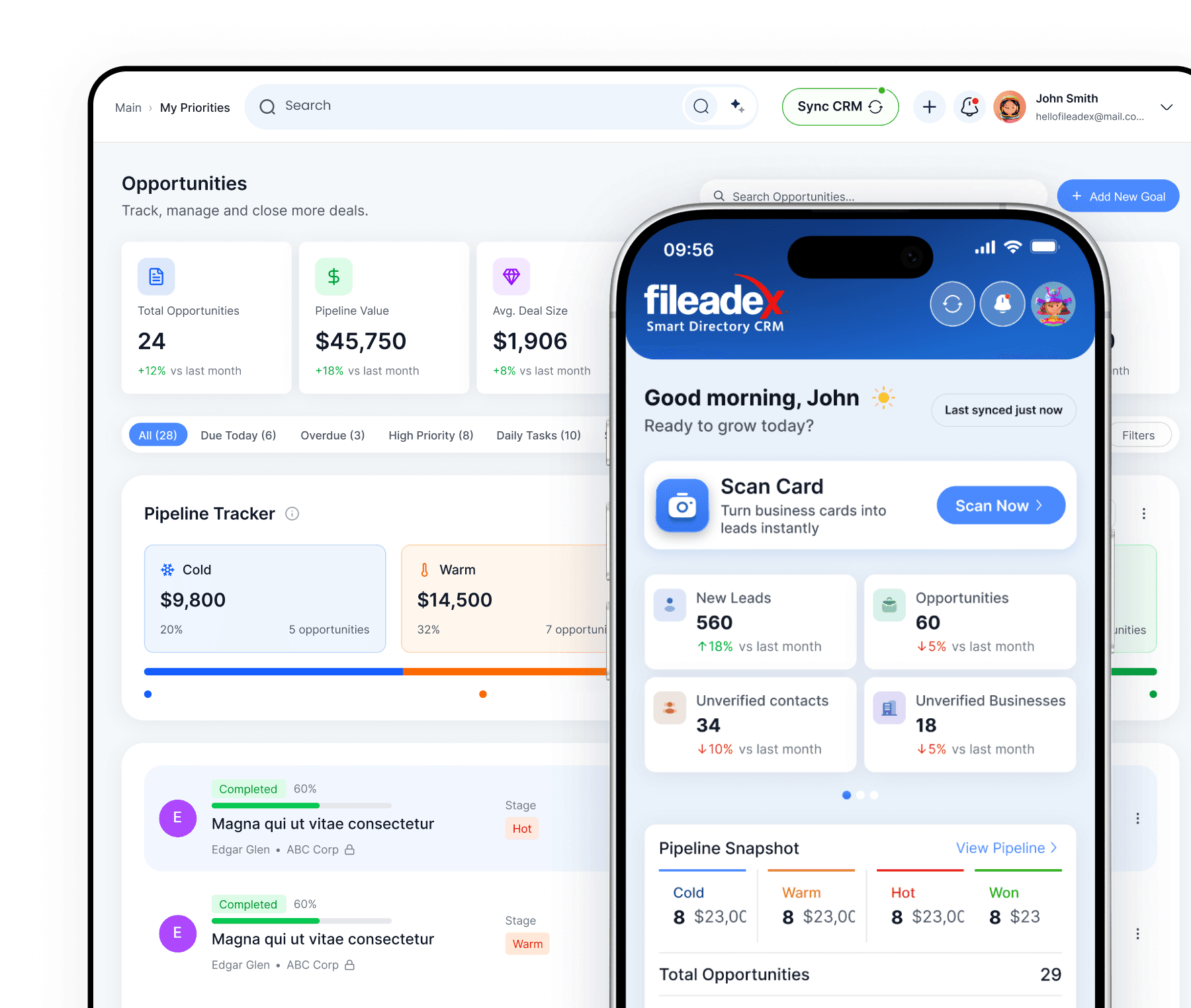 fileadeX CRM pipeline showing organized opportunities and qualified accounts