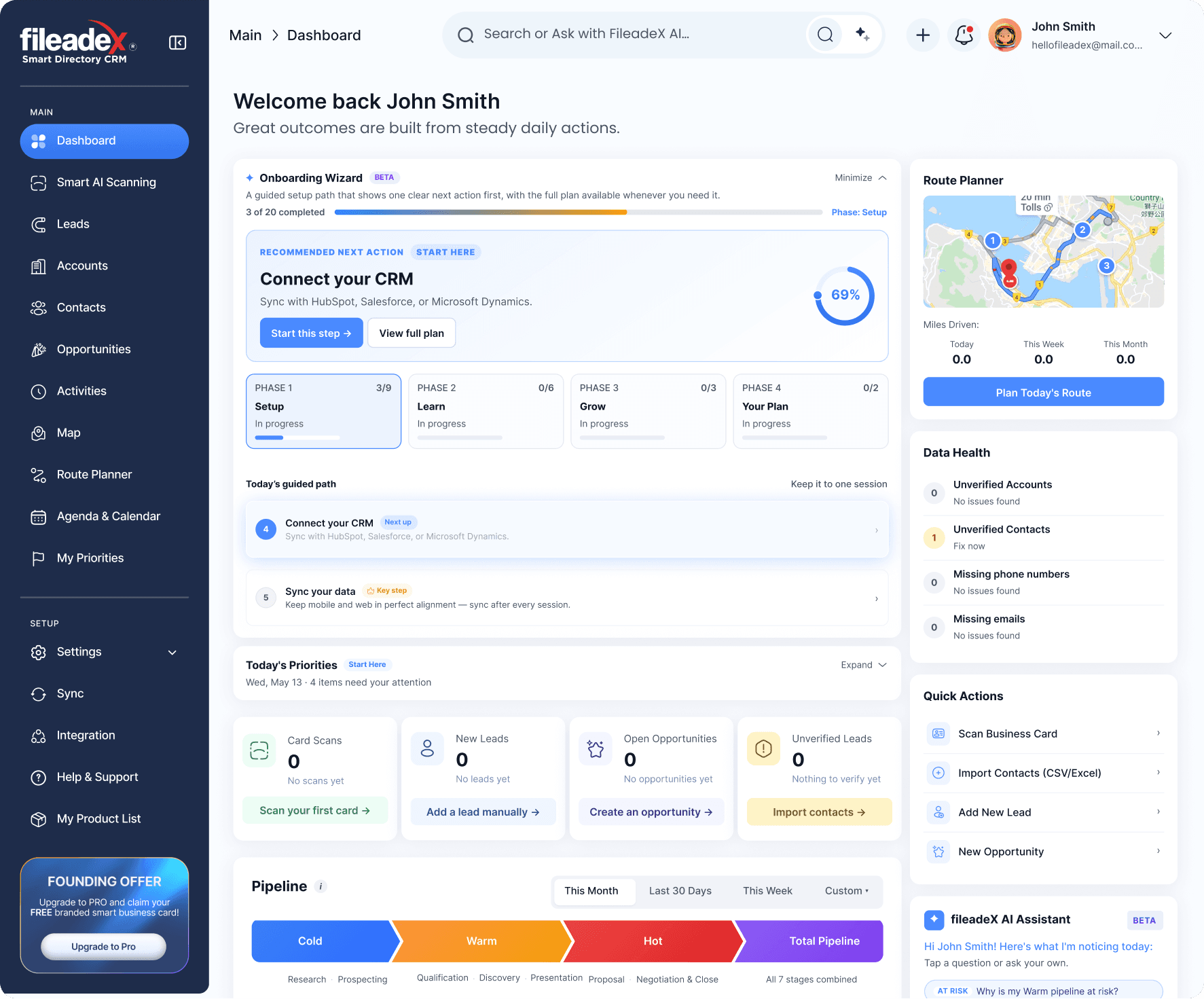 fileadeX dashboard with card scanning, route planner, pipeline, and AI assistant panels