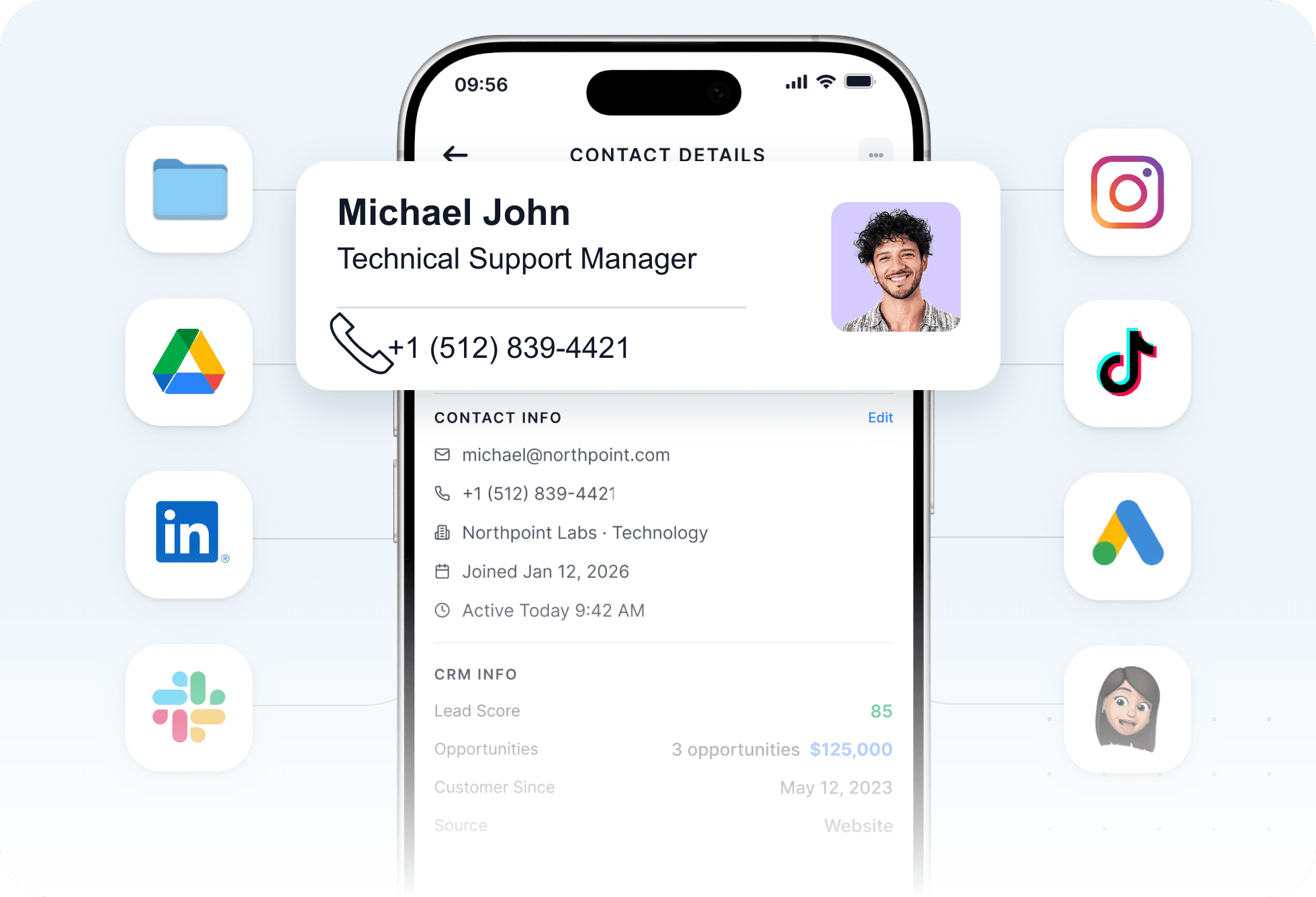 CRM contact details connected with sales and marketing apps
