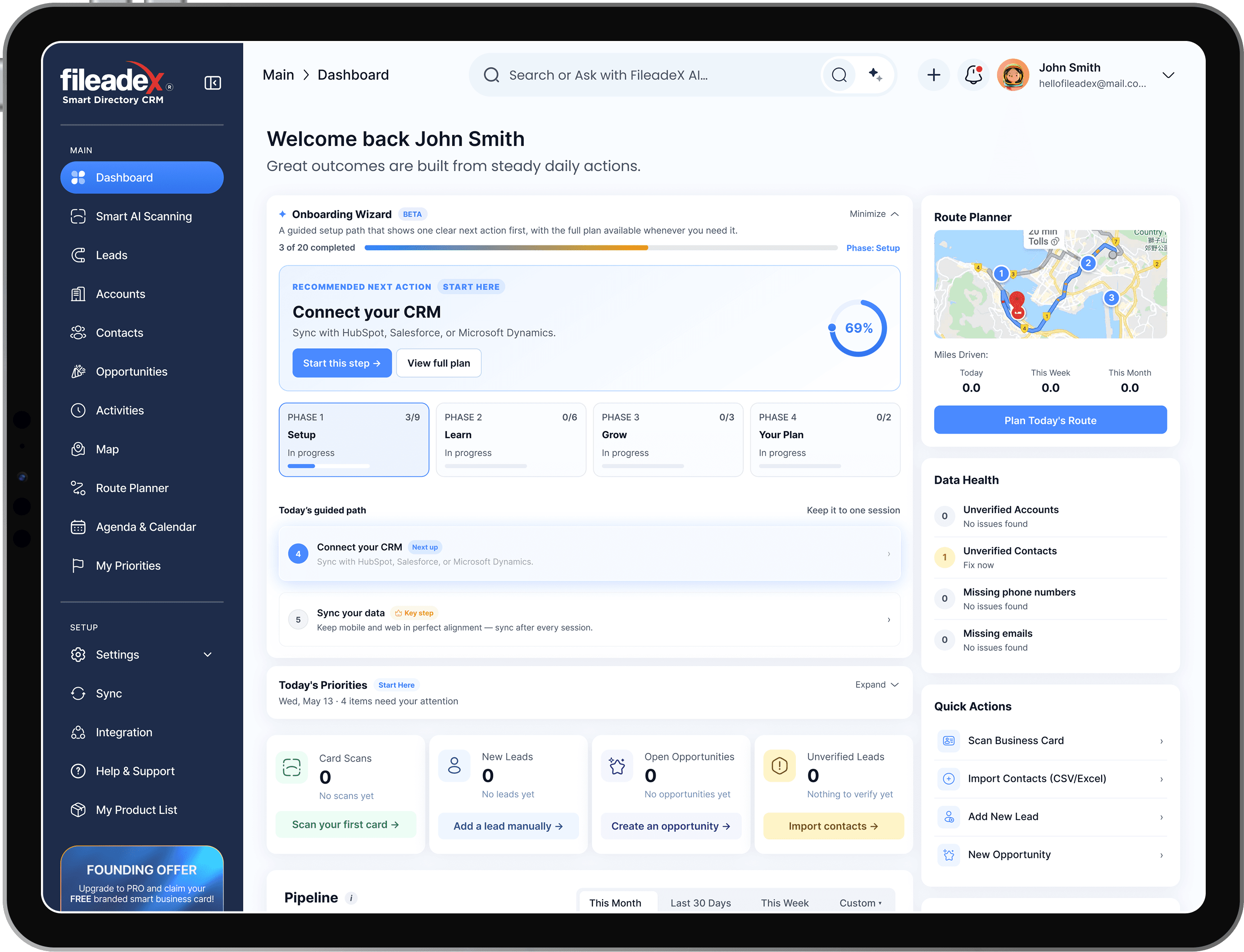 fileadeX CRM dashboard on an iPad