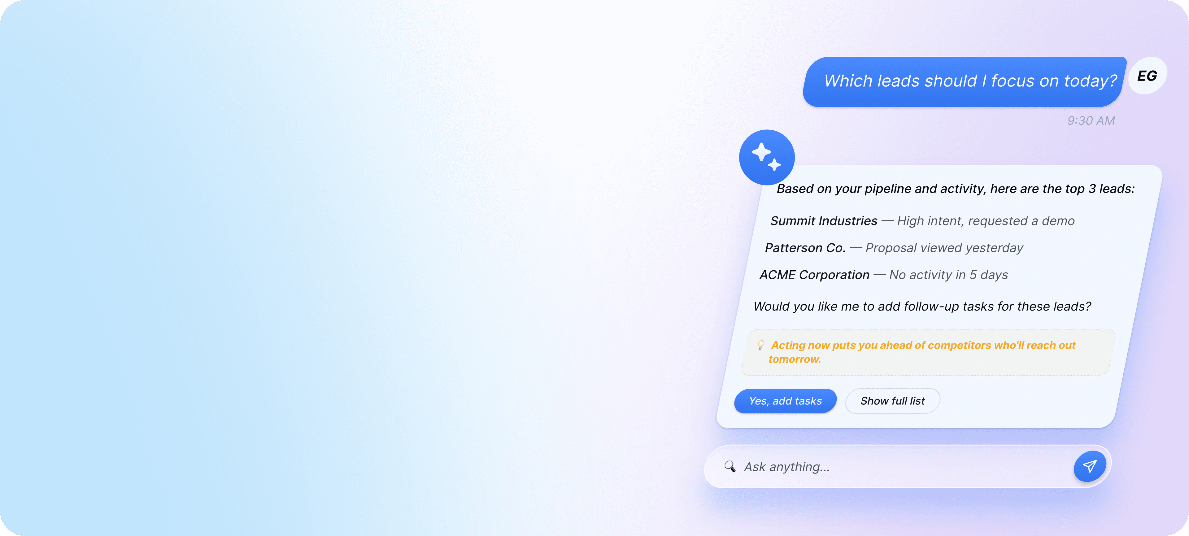 AI guided help assistant recommending top leads