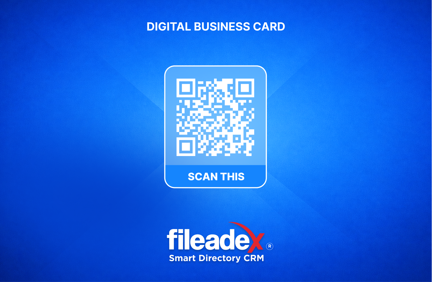 Blue fileadeX digital business card back with QR code