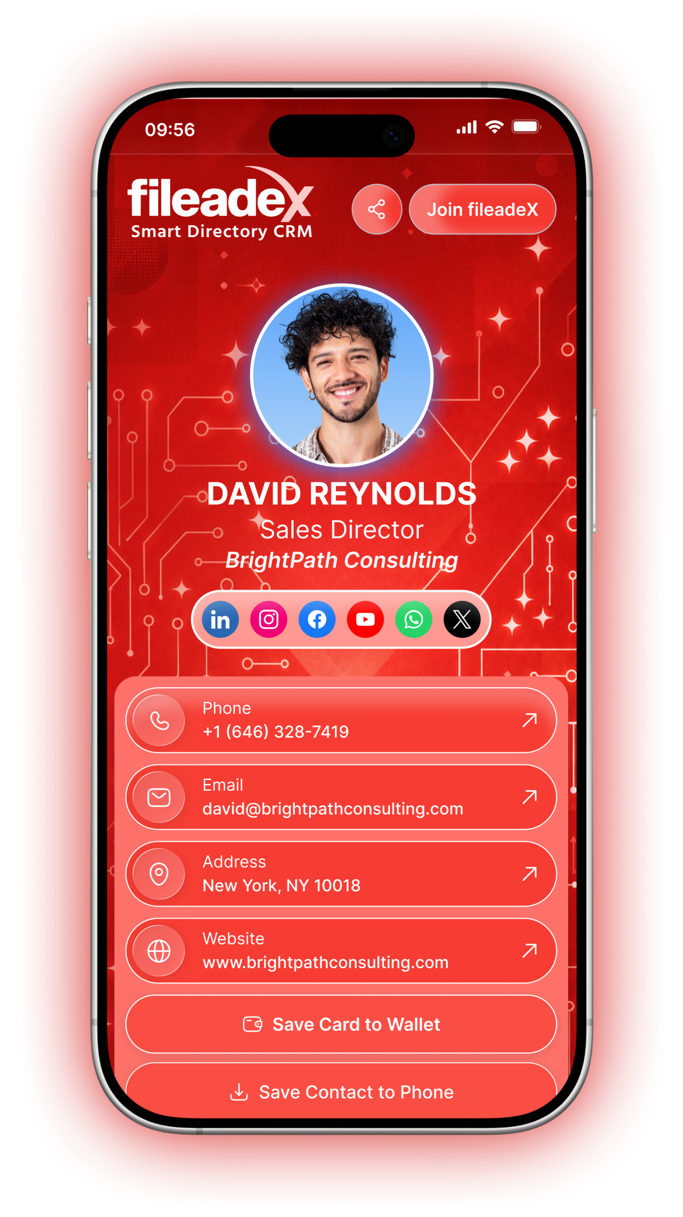 Ruby red fileadeX digital profile phone mockup