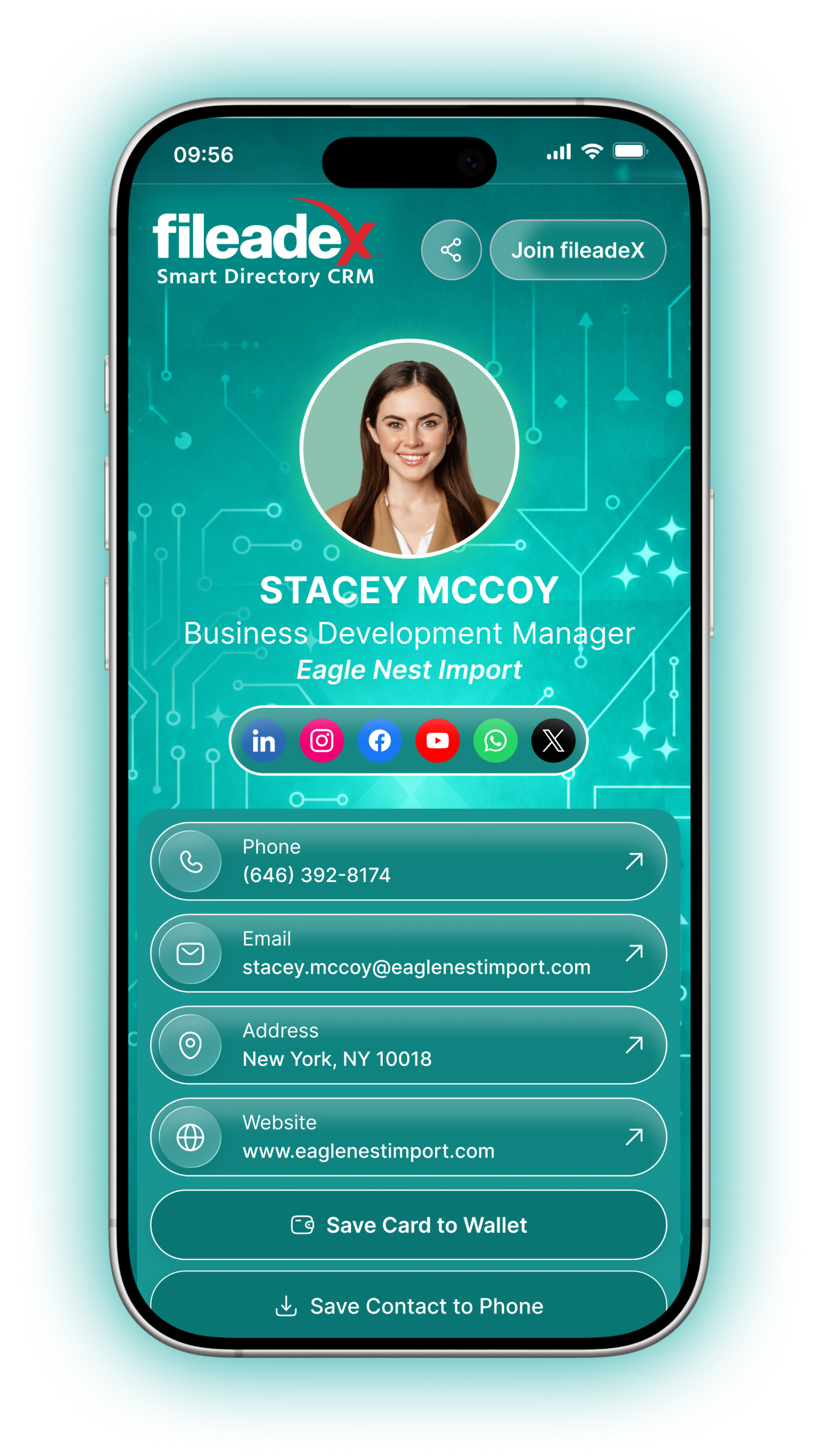Ocean teal fileadeX digital profile phone mockup