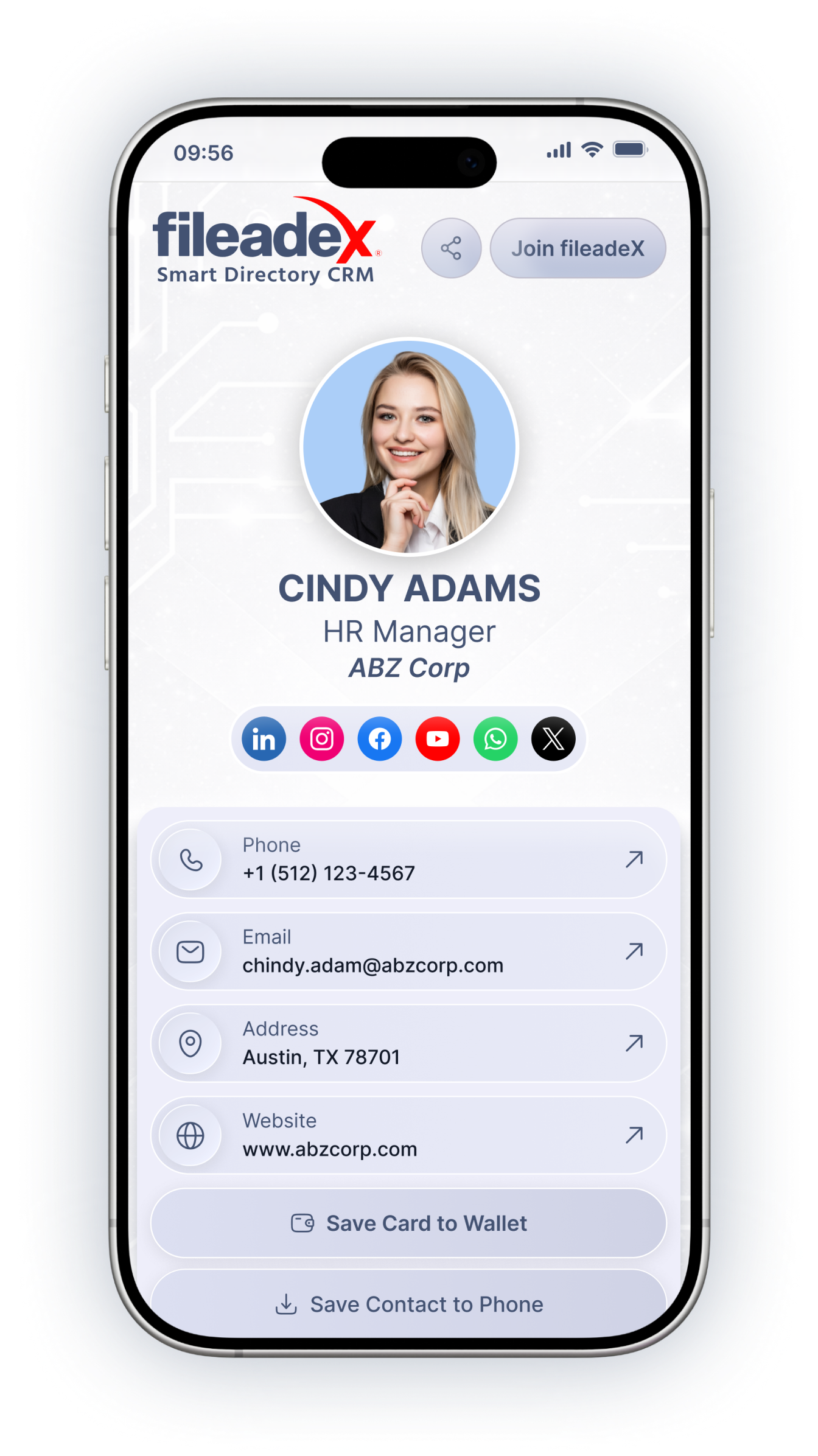 Optic white fileadeX digital profile phone mockup